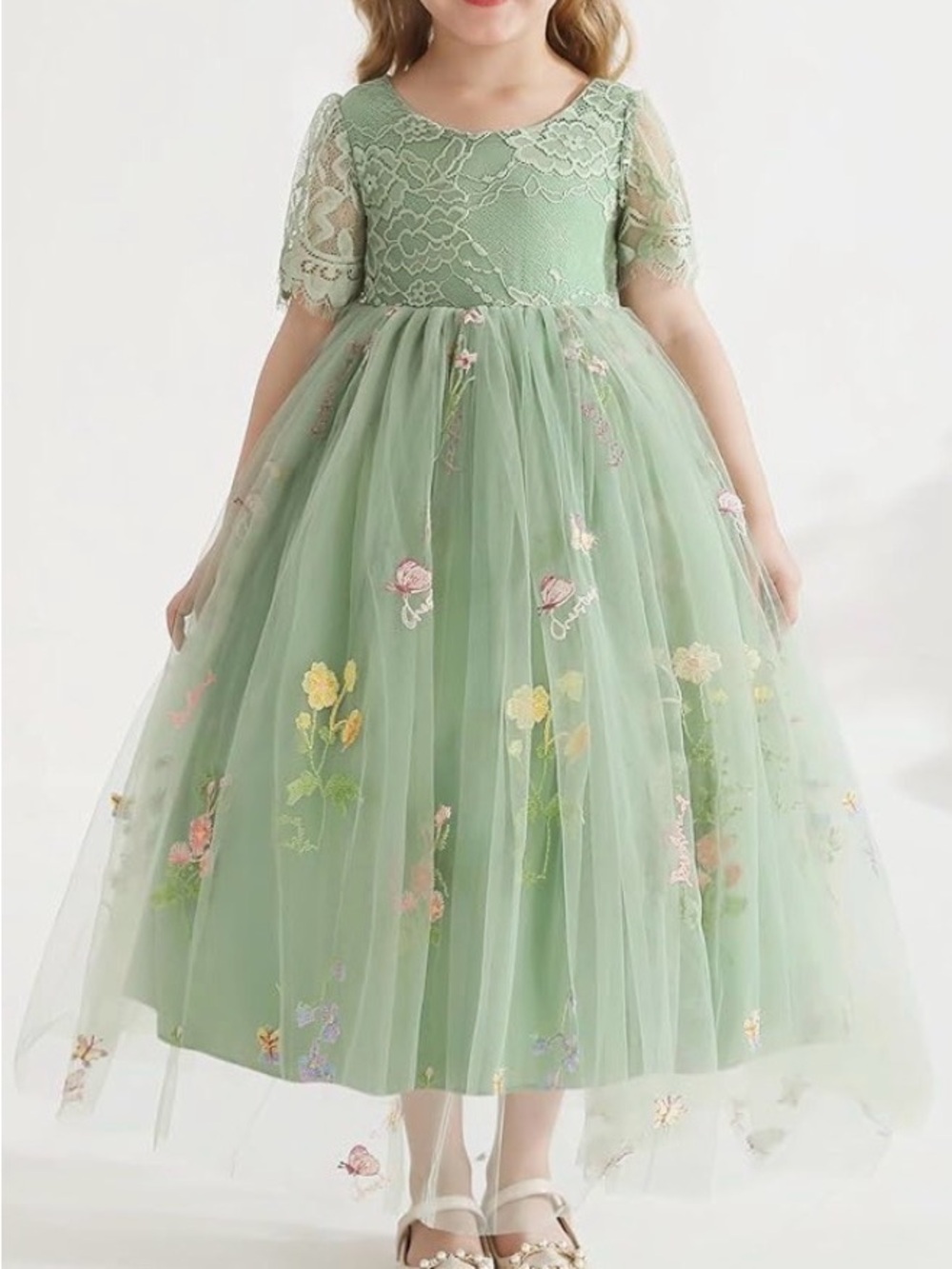NWT Lace Back V-Neck Dress Full-Length Floral Embroidered Toddler Tulle Dresse